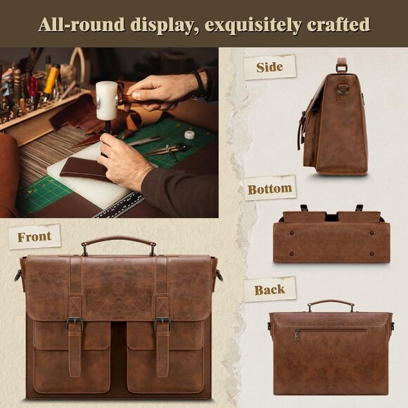 Men's Brown 15.6 Inch Water proof Laptop Bag Leather Briefcase Computer Bag - Picture 6 of 6